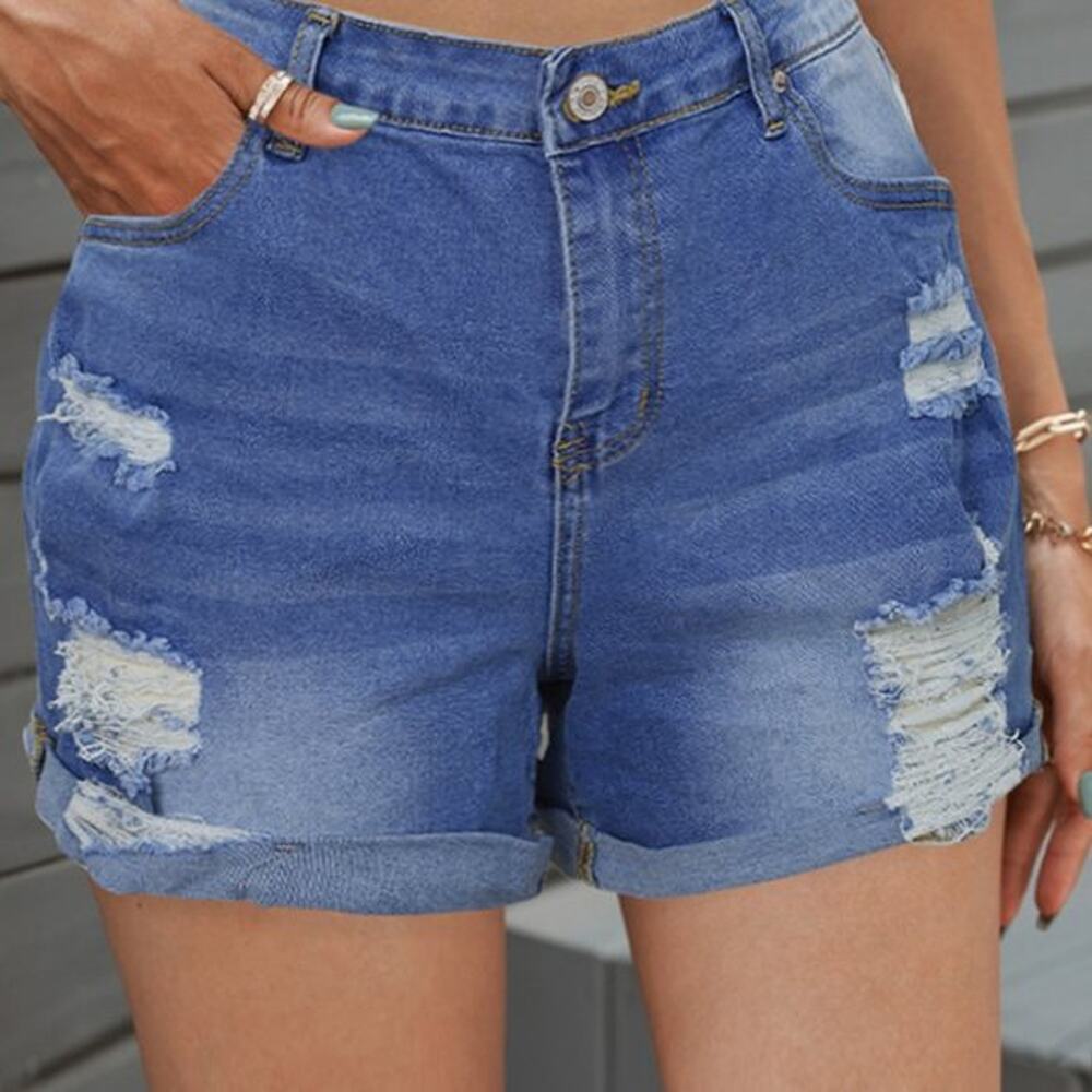 Dreamkue Women's Distressed Rolled Hem Jean Shorts Size Medium